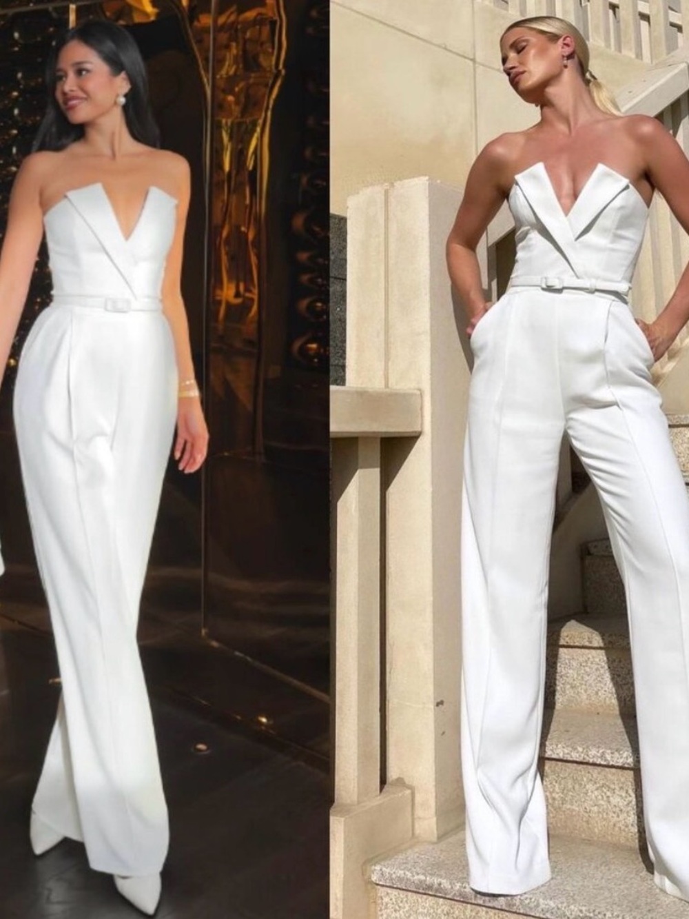 Nadine Merabi Vanessa White Strapless Belted V Neck Tuxedo Jumpsuit Size XL/12